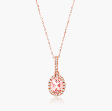 14K Rose Gold Oval Halo Morganite and Diamond Necklace