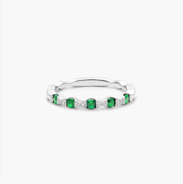 Vintage Bow Tie Shaped Stations Alternating Tsavorite And Diamond Ring In 14K White Gold