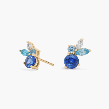 Multi-Gemstone Sapphire and Diamond Cluster Earrings in 14k Yellow Gold (4mm)