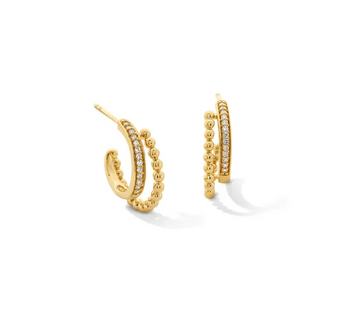 Double Hoop Beaded Diamond Huggie Earrings 14K