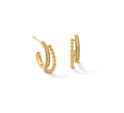 Double Hoop Beaded Diamond Huggie Earrings 14K