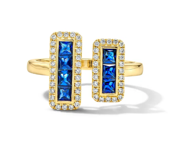 Blue Sapphire Double Bar Diamond Ring 14K
