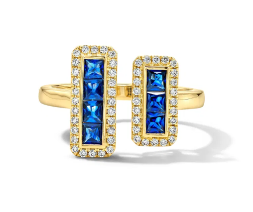 Blue Sapphire Double Bar Diamond Ring 14K