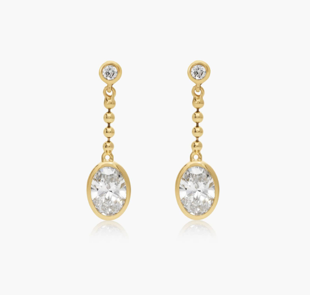 Bezel Bead Chain Drop Earrings With 1 CTW Oval Cut Lab-Grown Diamonds In 14K Yellow Gold