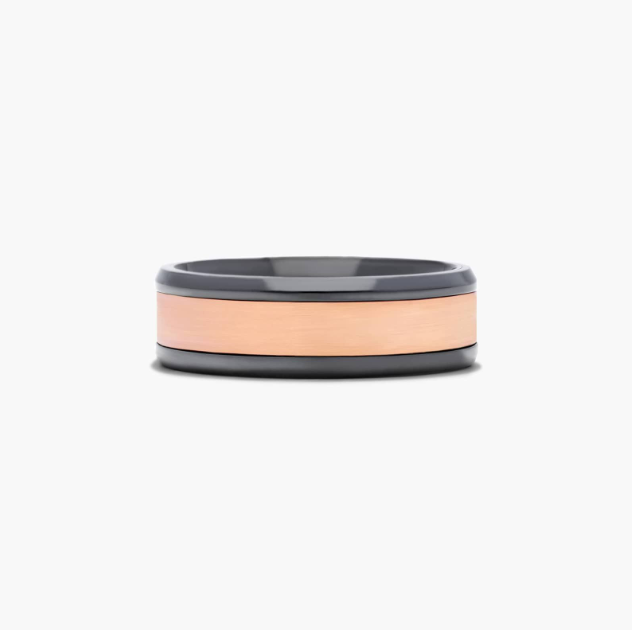 Satin Center Men's Wedding Band In 14K Rose Gold and Black Titanium (7.00mm)