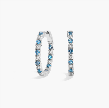 Alternating Blue and White Topaz Eternity Hoop Earrings in Sterling Silver