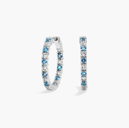 Alternating Blue and White Topaz Eternity Hoop Earrings in Sterling Silver