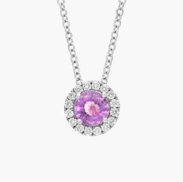 Pink Sapphire and Diamond Halo Pendant in 14k White Gold (5mm)