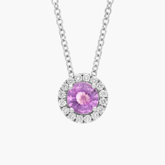Pink Sapphire and Diamond Halo Pendant in 14k White Gold (5mm)