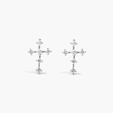 Petite Cross Diamond Stud Earrings In 14K White Gold