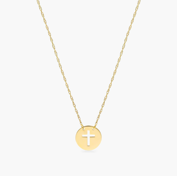 14K Yellow Gold Mini Cutout Cross Disk Necklace