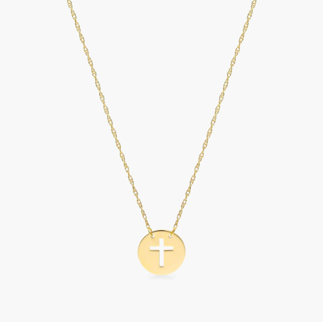 14K Yellow Gold Mini Cutout Cross Disk Necklace