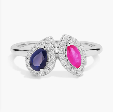 Sapphire and Ruby Two Stone Toi Et Moi Ring with Diamond Halo in 14k White Gold