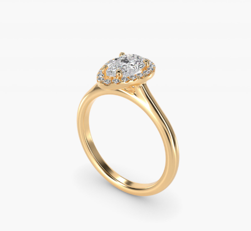 Pavé Diamond Halo Engagement Ring In 14K Yellow Gold (Pear)