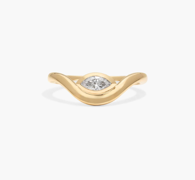 Bezel Curved Ring With 0.20 CTW Marquise Cut Lab-Grown Diamond In 14K Yellow Gold