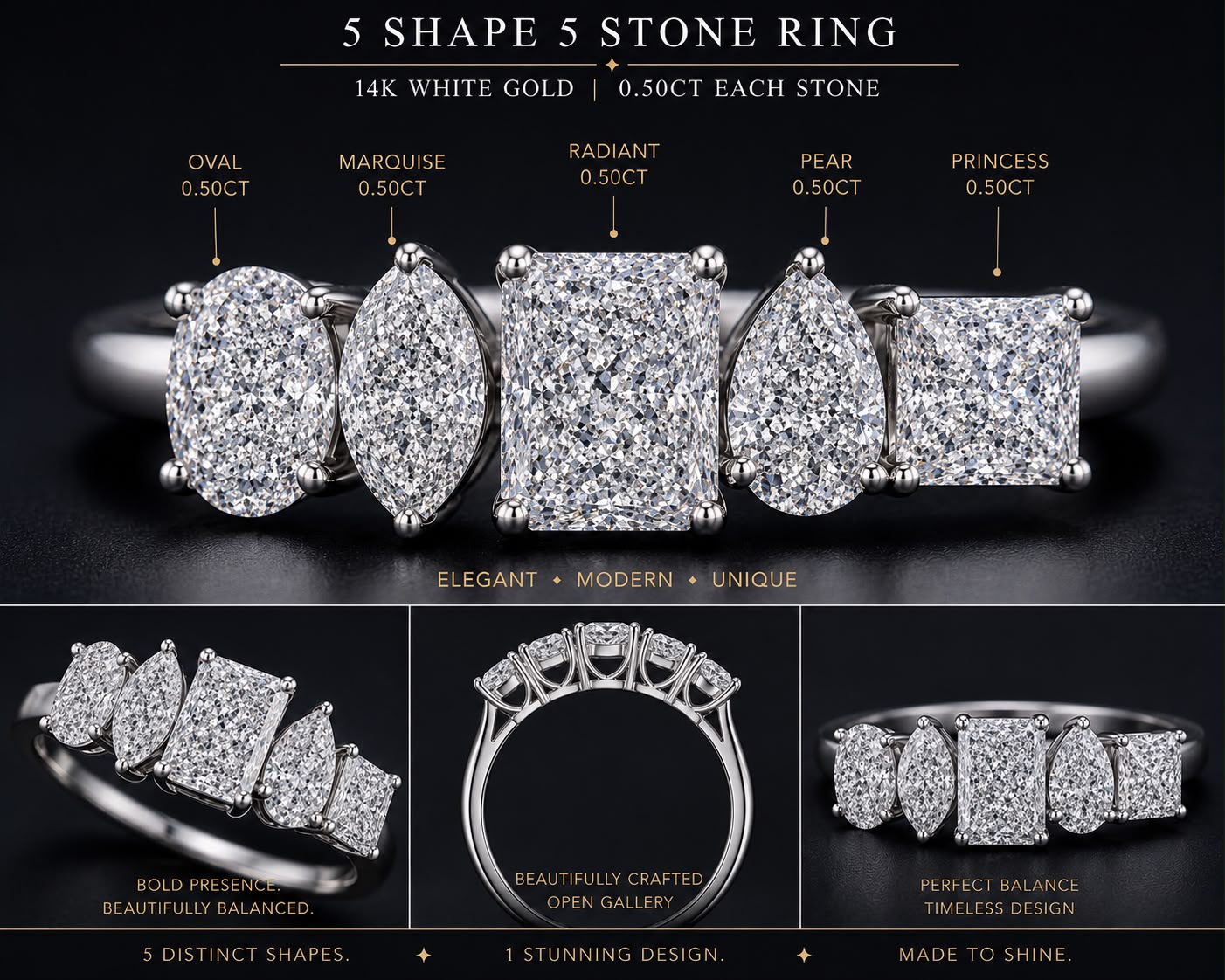Bamby-10k white gold band with 5 diamond stones at .5ct each no IGI size5