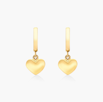 Dangle Puffed Heart Hoop Earrings In 14K Yellow Gold