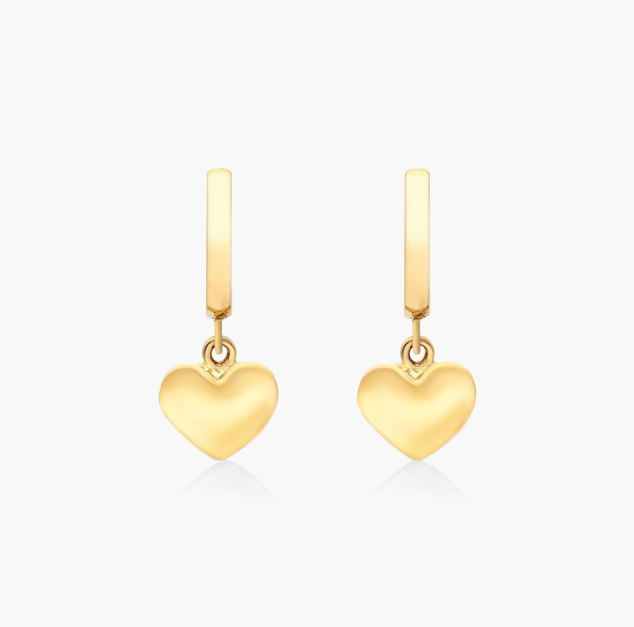 Dangle Puffed Heart Hoop Earrings In 14K Yellow Gold