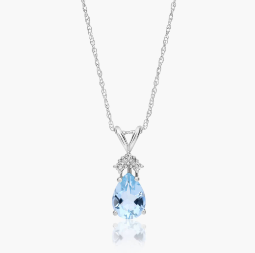 14K White Gold Pear Shaped Aquamarine & Tri-Diamond Birthstone Pendant Necklace