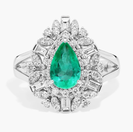 Extraordinary Collection: Pear Cut Emerald and Diamond Cluster Halo Cocktail Ring in 14k White Gold