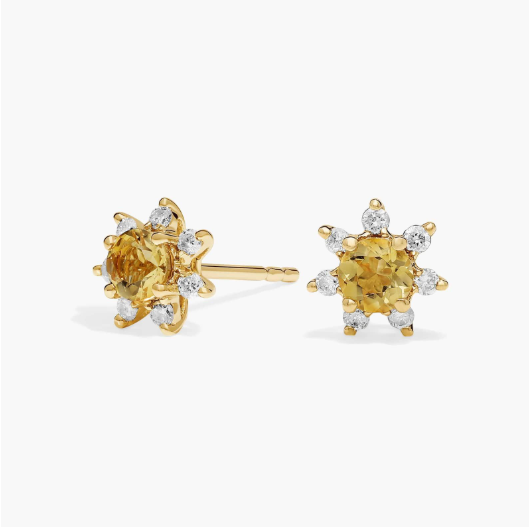Mini Citrine Earrings with Diamond Blossom Halo in 14k Yellow Gold