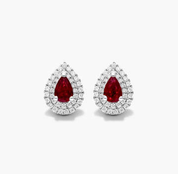 Pear Shape Ruby And Diamond Double Halo Earrings In 18K White Gold By