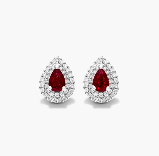 Pear Shape Ruby And Diamond Double Halo Earrings In 18K White Gold By