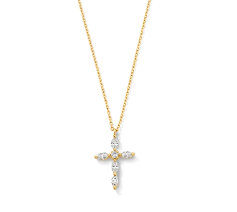Marquise and Round Diamond Cross Necklace 18K