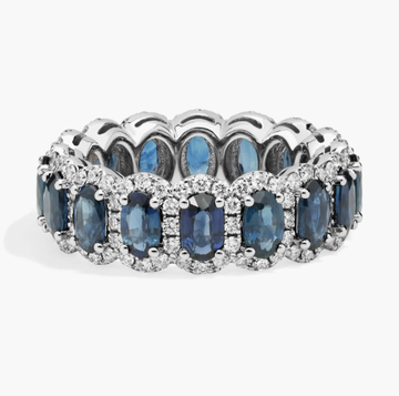 Oval Sapphire Halo Eternity Ring in 14k White Gold (5x3mm)