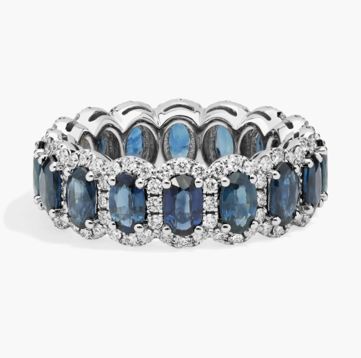Oval Sapphire Halo Eternity Ring in 14k White Gold (5x3mm)