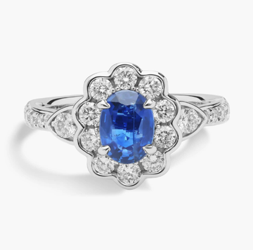 Sapphire and Diamond Floral Ring in 14k White Gold (7x5mm)