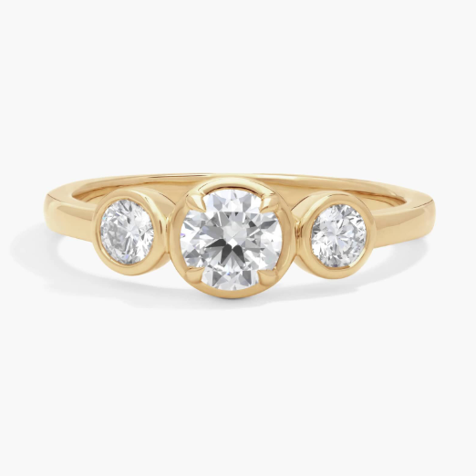 Three-Stone Diamond Ring with 0.75 CTW Round Cut Lab-Grown Diamonds in 14K Yellow Gold Bezel Setting