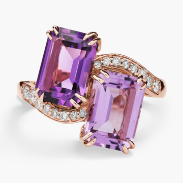 Emerald Cut Amethyst and Diamond Two-Stone Toi Et Moi Ring 14k Rose Gold