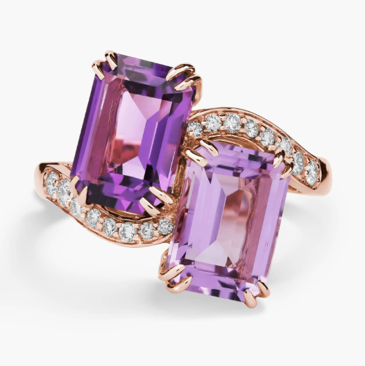 Emerald Cut Amethyst and Diamond Two-Stone Toi Et Moi Ring 14k Rose Gold