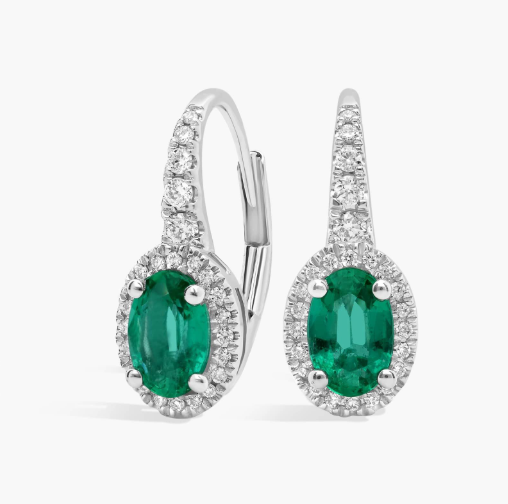 Oval Emerald and Diamond Drop Earrings in 18K white Gold