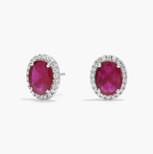 Oval Cut Ruby & Diamond Halo Stud Earrings with 0.2 CTW Round Cut Diamonds in 18K White Gold