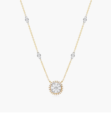 Round Halo Cluster Diamond Necklace In 14K Yellow Gold