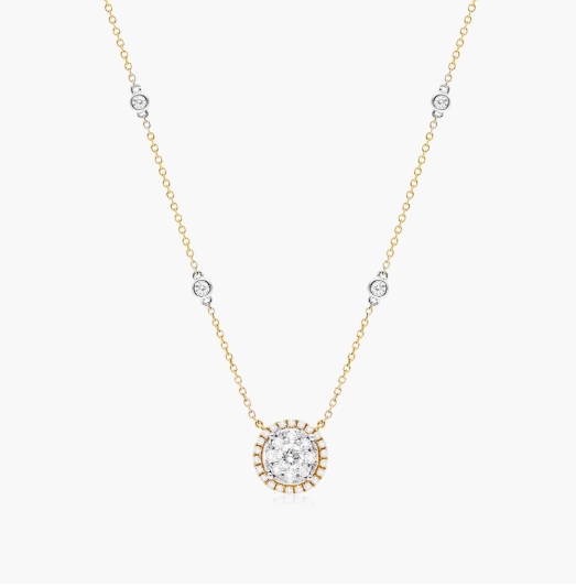 Round Halo Cluster Diamond Necklace In 14K Yellow Gold