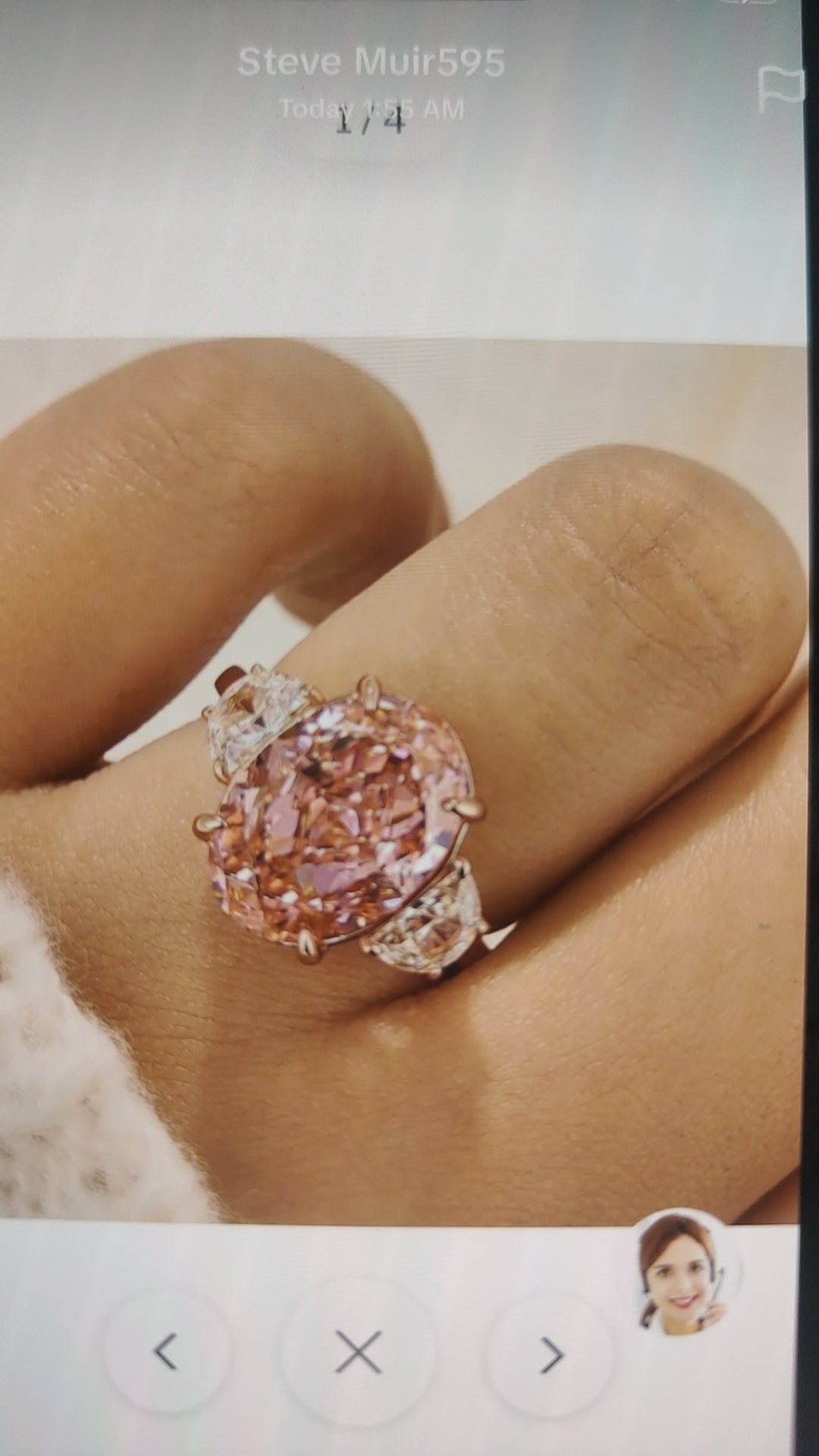 John Federico-6.33CT Pink oval with oval/half moon side stone 18k rose gold size5.5