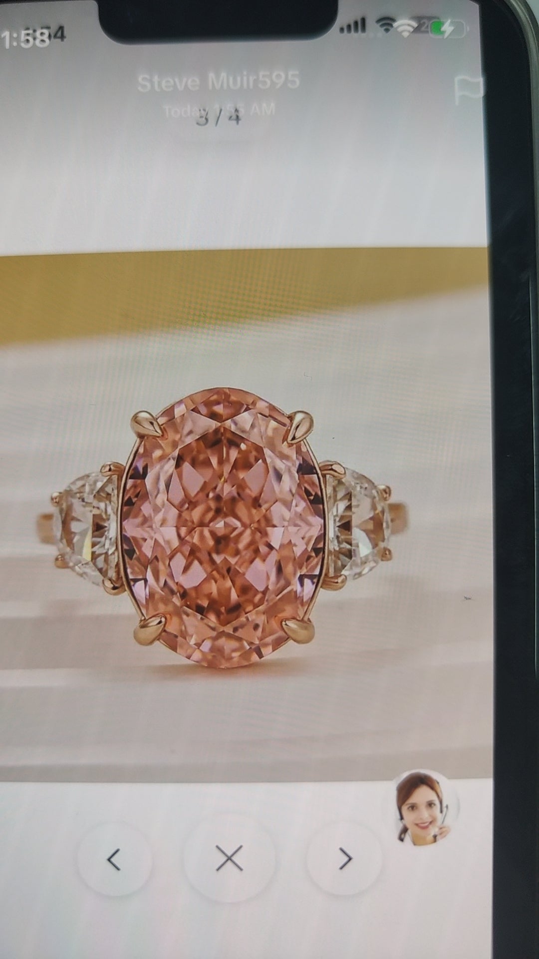John Federico-6.33CT Pink oval with oval/half moon side stone 18k rose gold size5.5