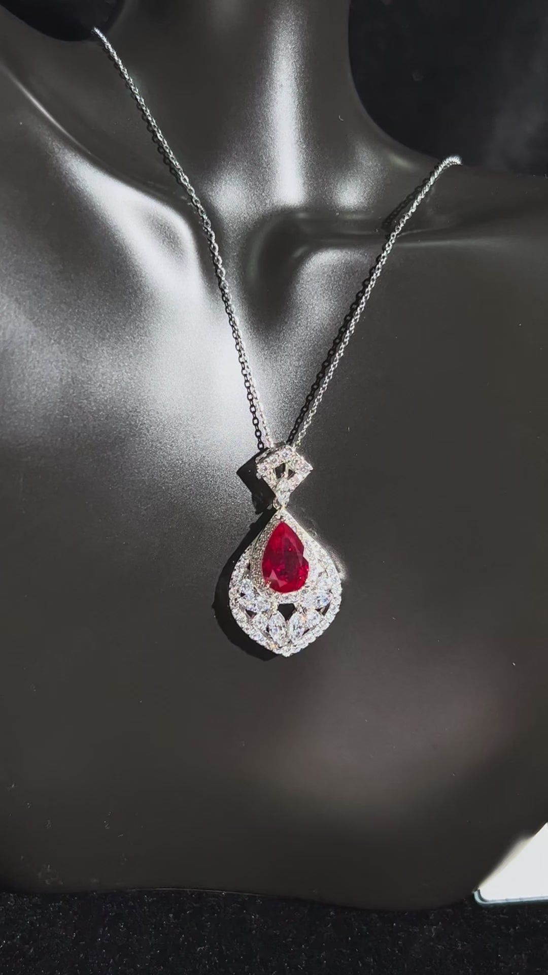Pear Cut Lab Grown Ruby Pendant Necklace, 4ct Center Stone in S925 Silver